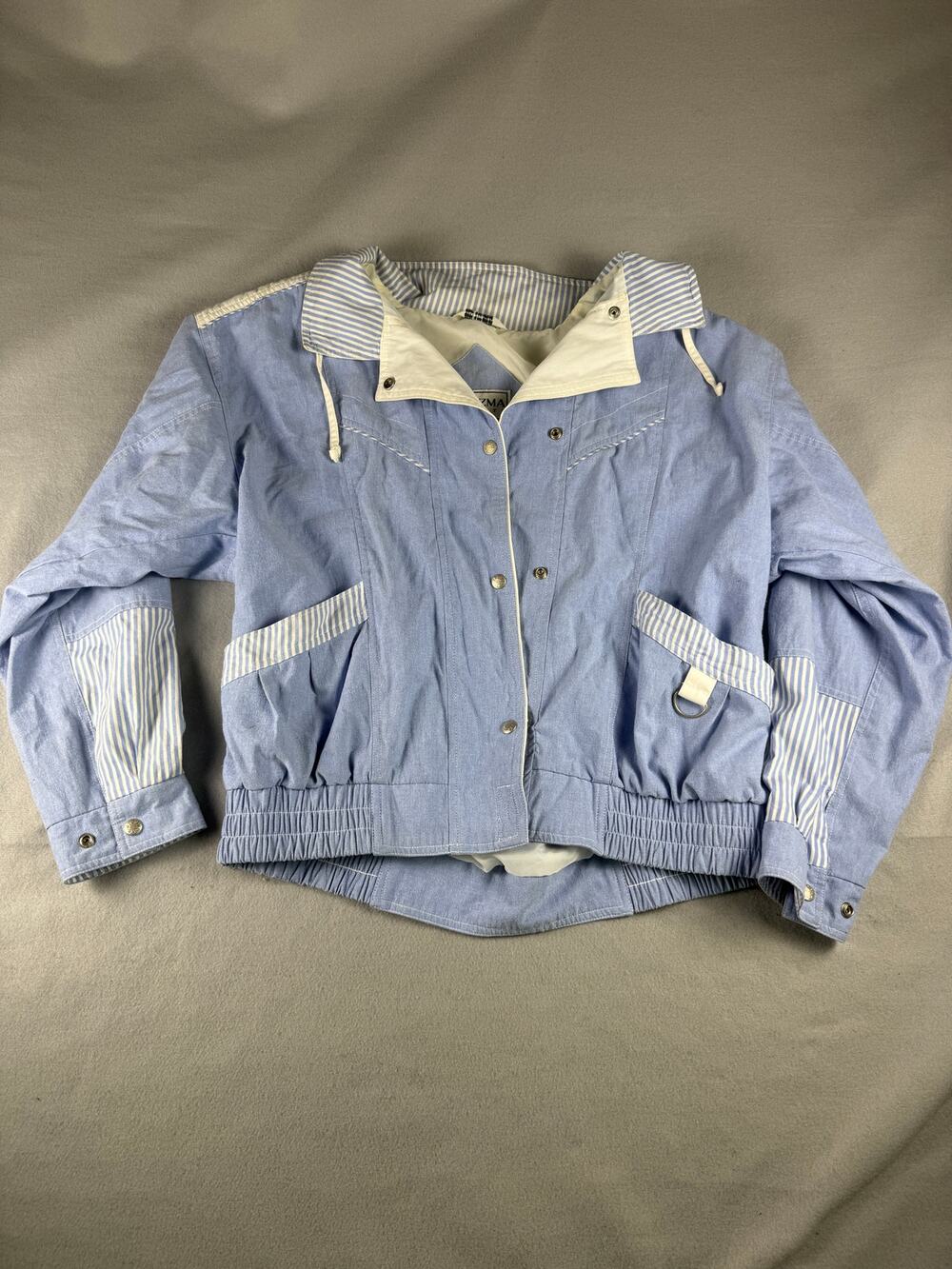 Vintage Karizma Bomber Jacket Womens L Blue Striped Trim Nautical Ruched 80s